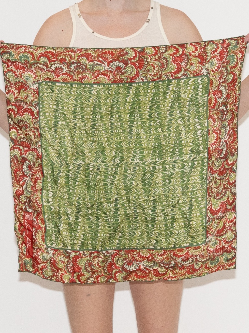Vintage printed square scarf green red 26" by 26" polyester